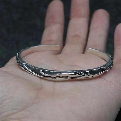 Solid Silver Vintage Vine Design Cuff Bangle Bracelet Men Women Thin Band Real Antique 925