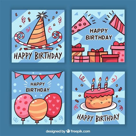 Set de tarjetas de cumpleaños en estilo hecho a mano Vector Gratis