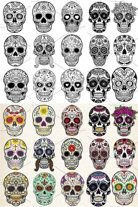 Sugar Skulls Set Vector Illustration Sugar Skull Drawing Mexican