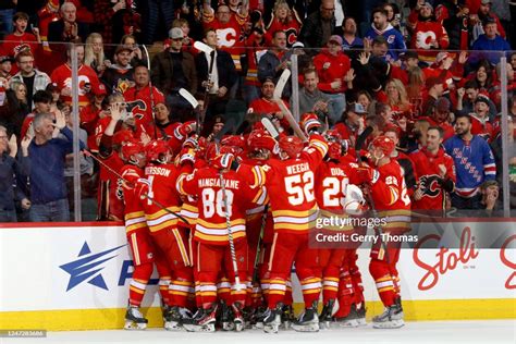 Teammates Of The Calgary Flames Celebrate A Win Against The New York