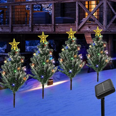 Solar Christmas Tree Pathway Lights Pack Snow Flocked Christmas Tree