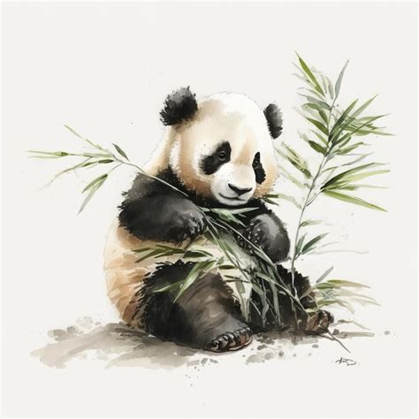 Panda Beb Fofo Comendo Bambu Pintura Em Aquarela Fundo Branco Foto