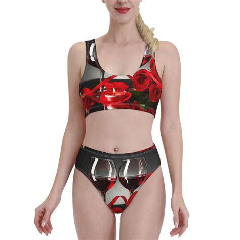 Lukts Women High Waisted Bikini Set Red Wine Rose Swimsuit Piece