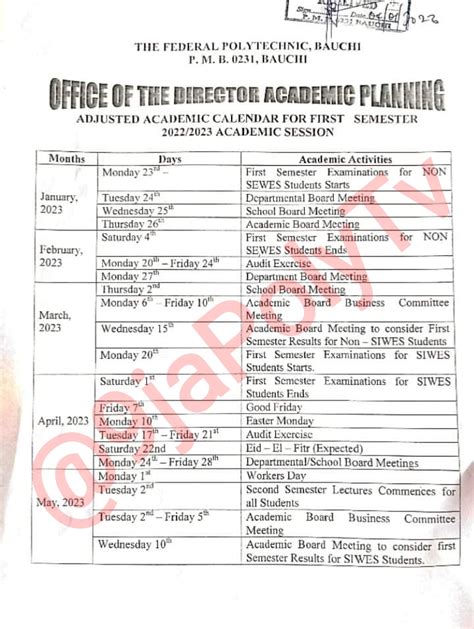 Federal Polytechnic Bauchi (Bauchi Poly) Adjusted Calendar for 2022/ ...