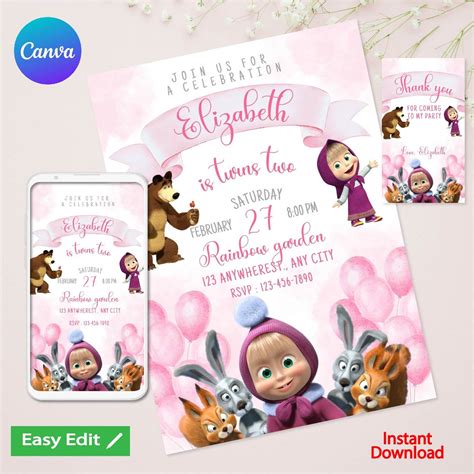 Editable Masha And The Bear Birthday Invitation Template Printable