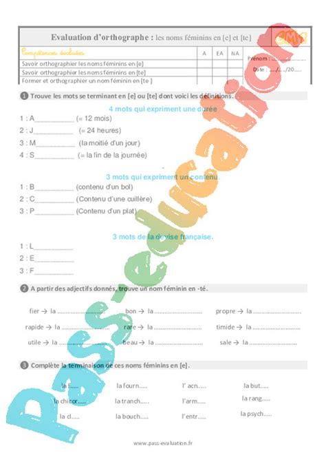 Evaluation Avec Le Corrig Pour Les Noms F Minins En E Et Te Cm