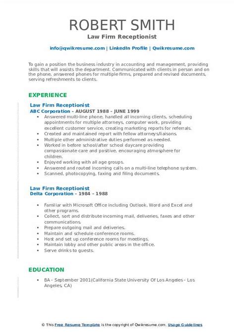 Law Firm Receptionist Resume Samples QwikResume