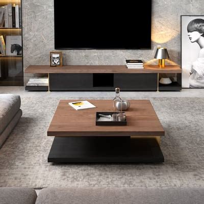 Modern Walnut Solid Wood Tv Stand Coffee Table With Drawers Set Of