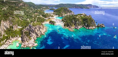 Corfu Island Aerial Drone View Of Popular And Beautiful Paleokastrtsa