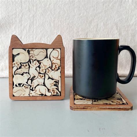 02 Cute Cat Wooden Puzzel Coasters Set Charming Cat