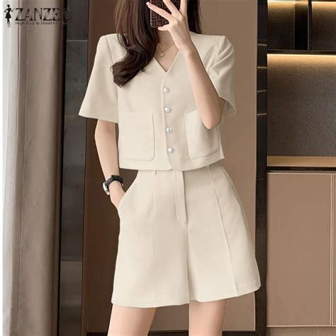 ZANZEA Korean Style Women S Sets Commute Office V Neck Short Sleeve