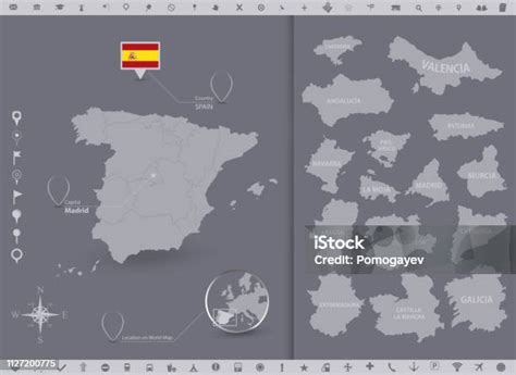 西班牙地圖和標誌與地區向量圖形及更多名勝古蹟圖片 名勝古蹟 商務 器材 Istock