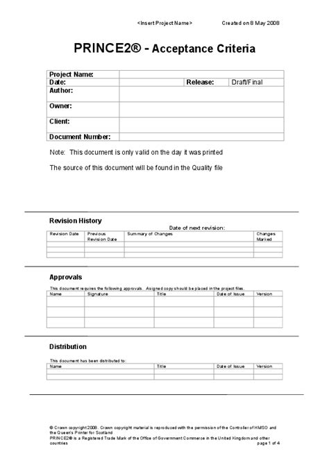 Doc Prince2 Acceptance Criteria Template