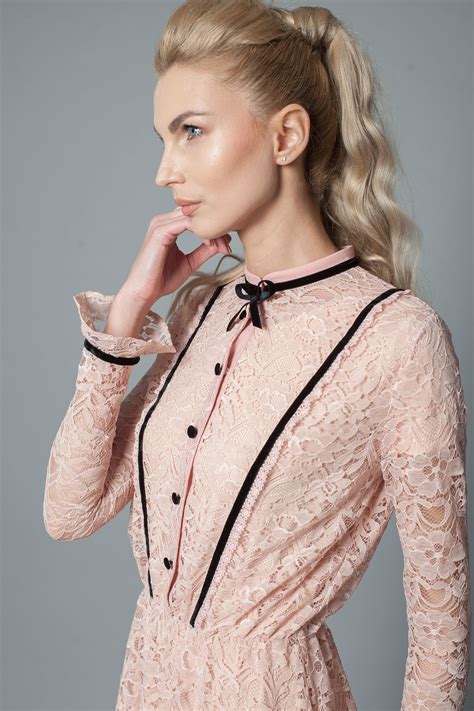 Blush Pink Shirt Dress With Black Velvet Lines And Buttons Le Parole