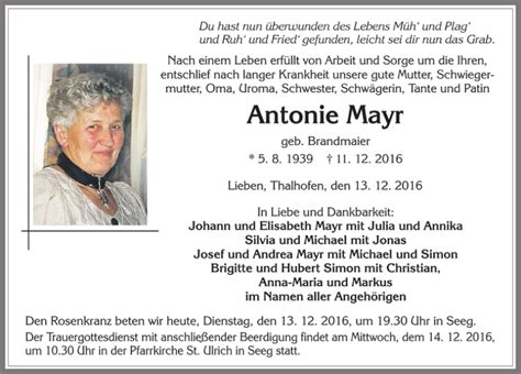 Traueranzeigen Von Antonie Mayr Allg Uer Zeitung