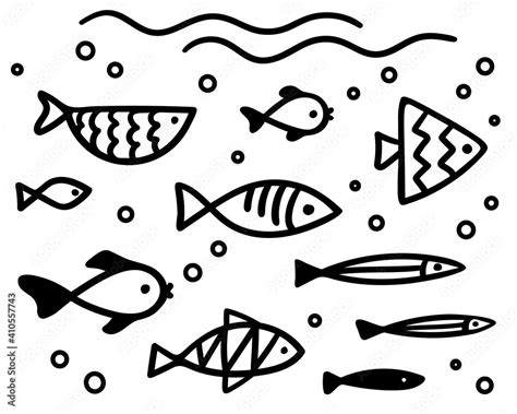 Vecteur Stock Hand Drawn Doodle Fish A Flock Of Different Fish Swims