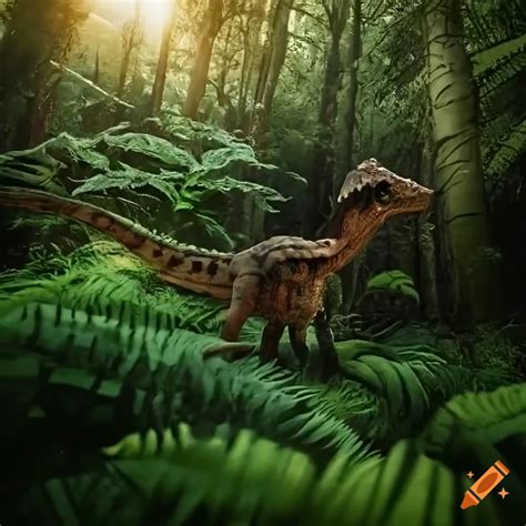 Pachycephalosaurus Walking In Forest Undergrowth With Warm Morning