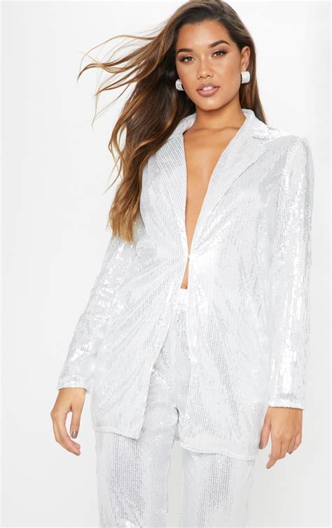 Premium Silver Sequin Longline Blazer Prettylittlething