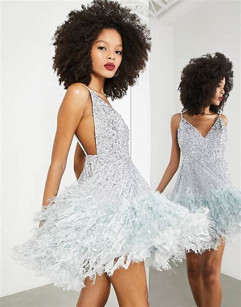 Asos Edition Sequin Cami Mini Dress With Faux Feather Hem In Ice Blue Asos