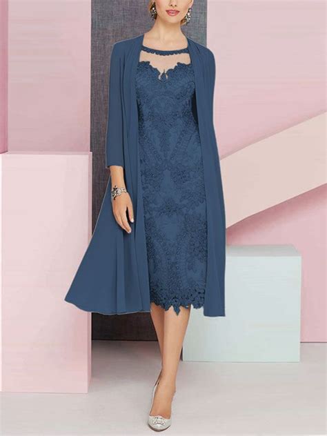 Short Lace Dress With Matching Chiffon Coat Dark Blue S Short Lace