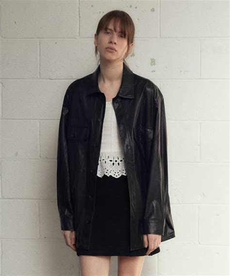 Musinsa Lady Volume Vintage Washing Leather Shirt Jacket Black