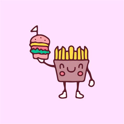 Cute French Fries Mascot Holding Burger Illustration Vector Graphics