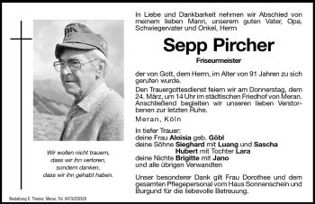 Traueranzeigen Von Sepp Pircher Trauer Bz