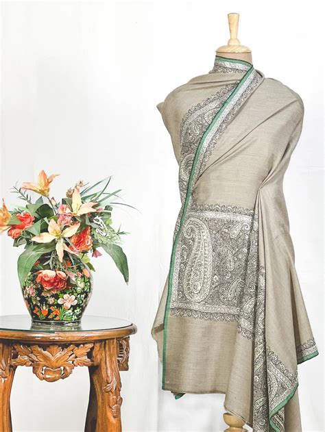 Natural Pure Pashmina Shawl With Tilla Papier Mache Hand Embroidery