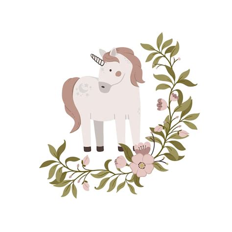 Premium Vector Hand Drawn Cute Unicorn With Flowers Frame On White