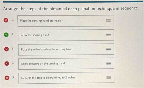 Solved: Arrange the steps of the bimanual deep palpation technique in ...