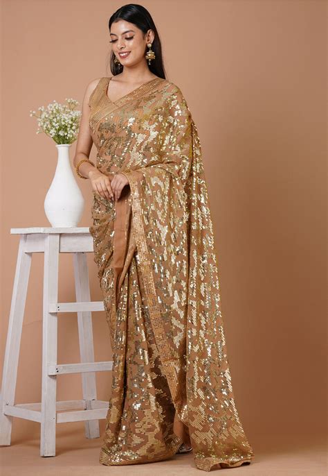 Buy Sequinned Georgette Saree In Beige Online SCSA231 Utsav Fashion