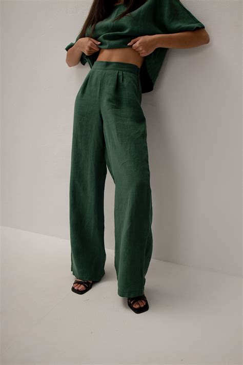 Emerald Green Linen Pants For Women Etsy