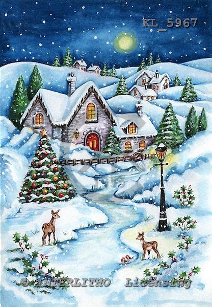 Christmas Landscape Painting with House and Deer