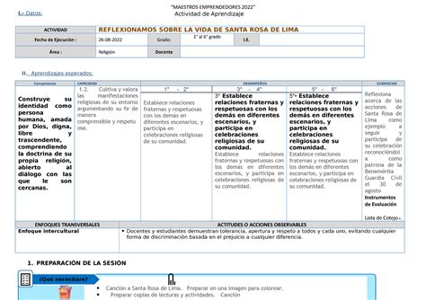 Sesion Santa ROSA DE LIMA I Datos II Aprendizajes Esperados