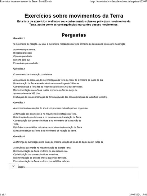 Exercicios Movimentos Da Terra - Exercícios sobre Movimentos da Terra | PDF | Terra | Sol