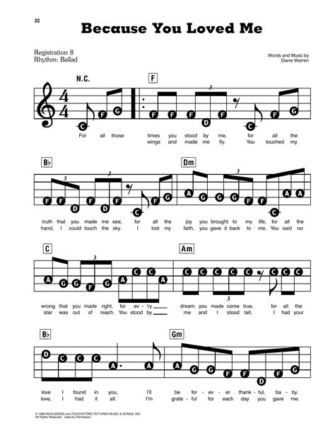 Celine Dion 'Because You Loved Me' Sheet Music, Chords & Lyrics ...