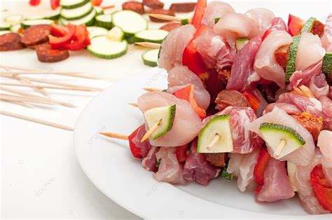 Fondo Shish Kebab Brocheta De Madera Con Carne De Pollo Y Cerdo Foto E