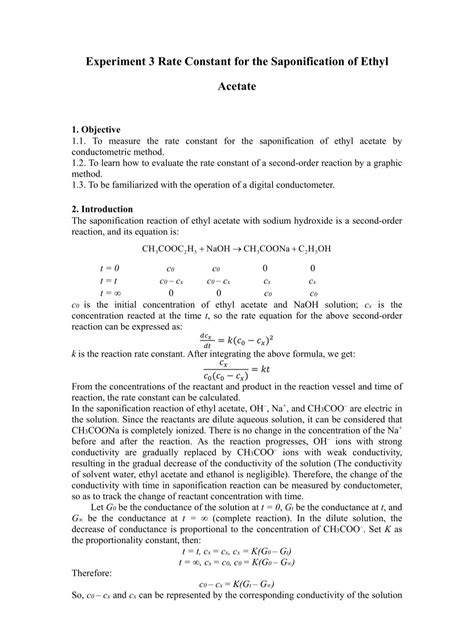 Solved Experiment Rate Constant For The Saponification Of Chegg