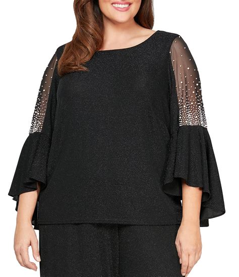 Alex Evenings Plus Size Metallic Knit Pearl Trim Illusion Bell Sleeve