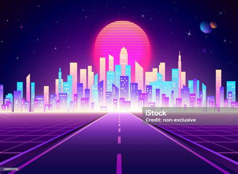 Lanskap Kota Retro Neon Jalan Raya Ke Kota Futuristik Cyberpunk Latar