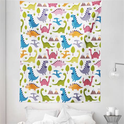 Dino Tapestry Cartoon Style Colorful Dinosaurs T Rex Triceratops Prehistoric Reptile Wildlife