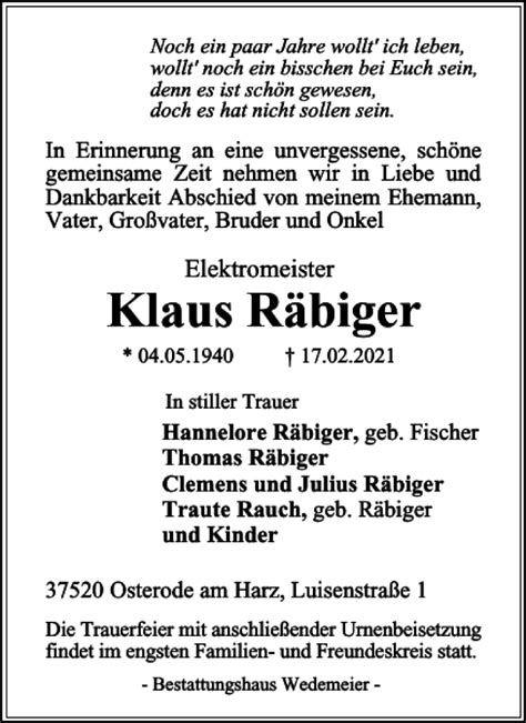 Traueranzeigen von Klaus Räbiger Harztrauer de