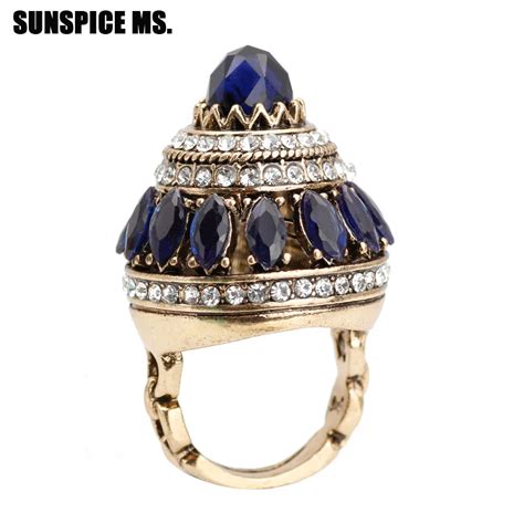 Exquisite Natural Stones Wedding Rings For Women Antique Gold Color