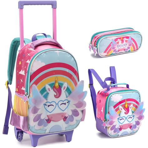 Kit Mochila Escolar Infantil Carrinho De Rodinhas Lancheira E