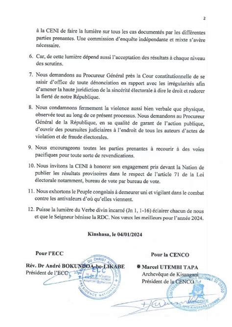 Élections en RDC La CENCO et lECC rejettent les résultats des