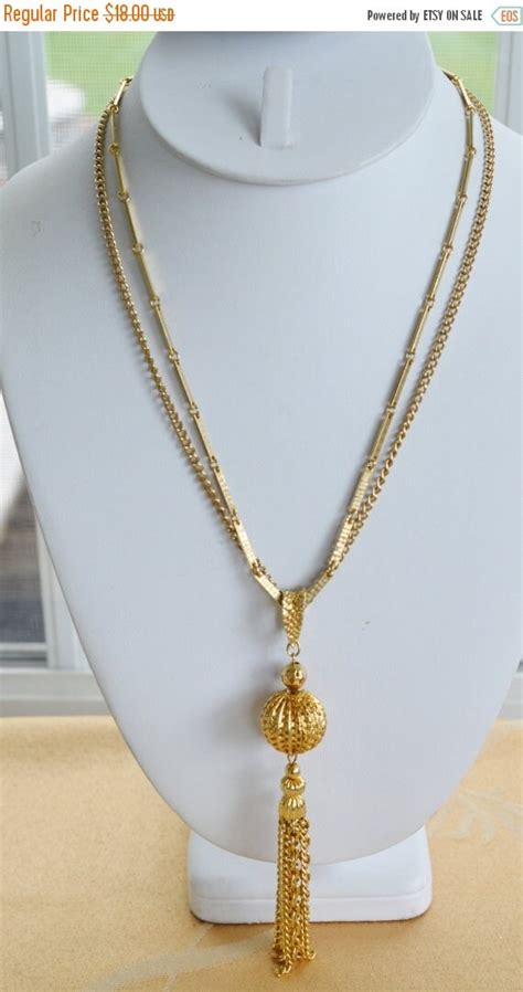 On Sale Pretty Vintage Gold Tone Tassel Necklace Multi Strand 23″ Haute Juice