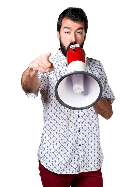 Free Photo Handsome Brunette Man With Beard Shouting By Megaphone