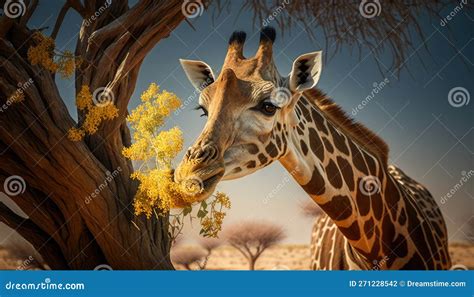 A Giraffe Eating Leaves From An Acacia Tree During The Golden Time In