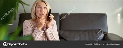 Mature Woman Phone Call Sitting Sofa Living Room House Stock Photo Jenoche
