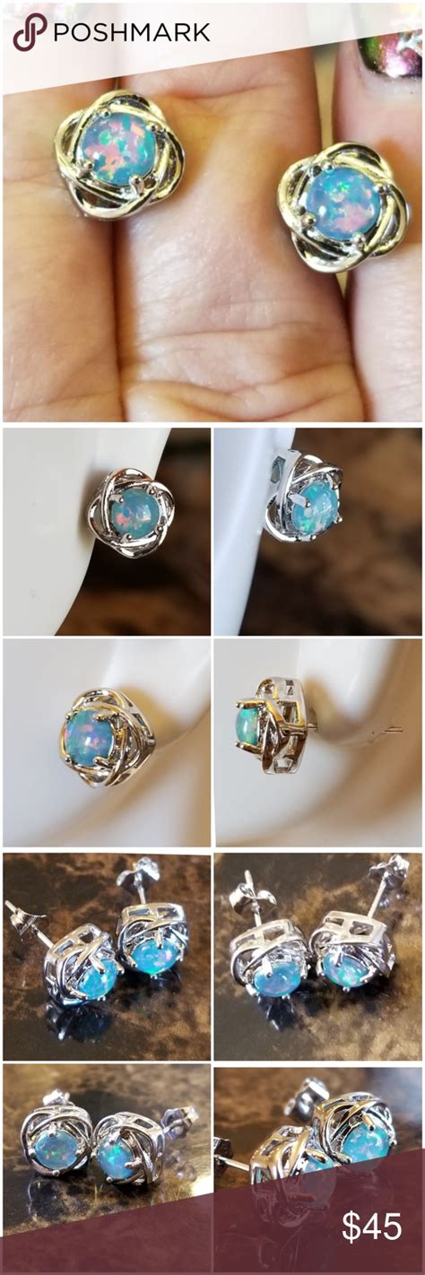 Blue Fire Opal Stud Earrings. Set in 925 Stamped Solid Sterling Silver ...